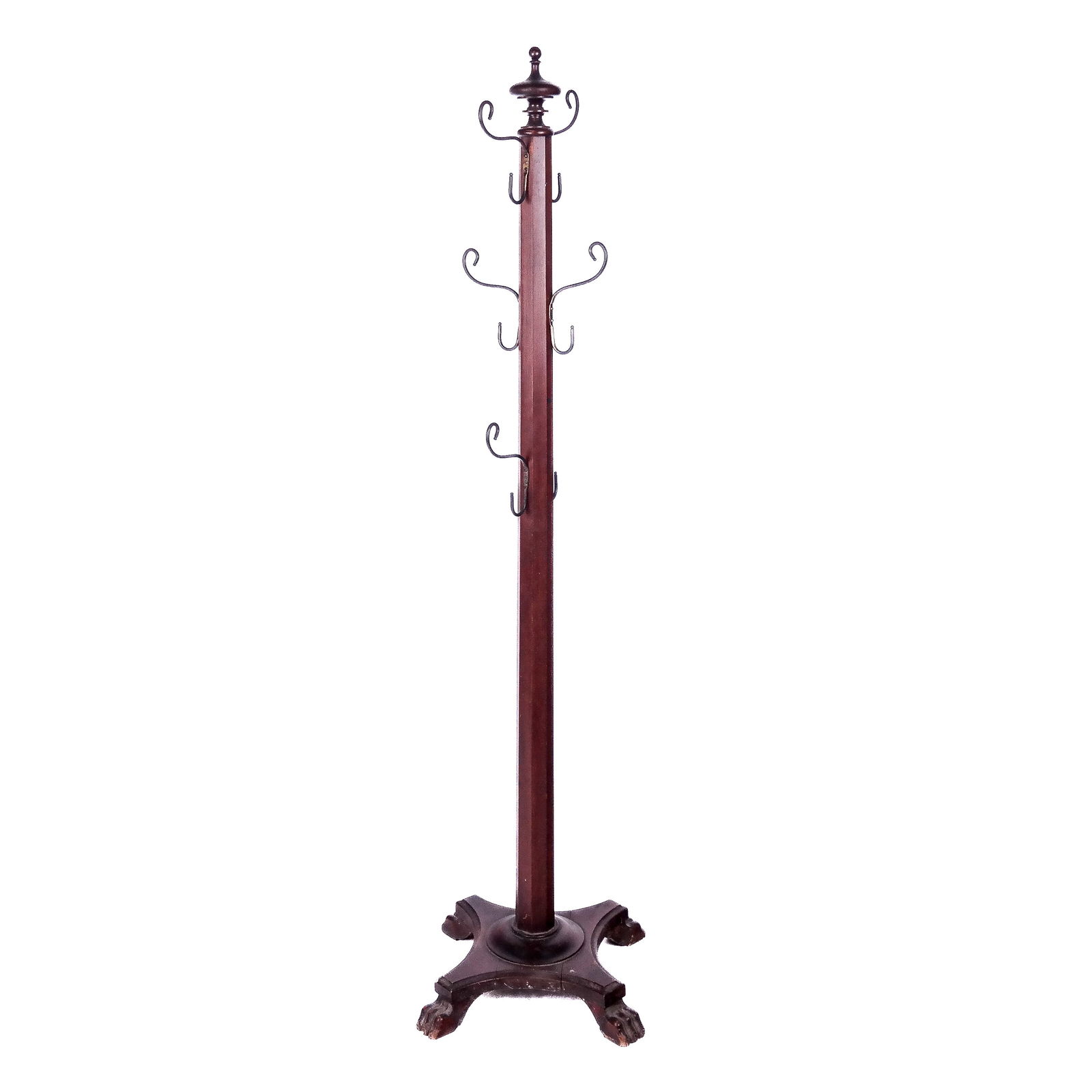 American Walnut Coat / Hat Stand: American walnut coat and hat stand, with paw foot base and finial. [68 1/2" H x 21" W x 21" D]. One hook broken; 3 hooks missing.