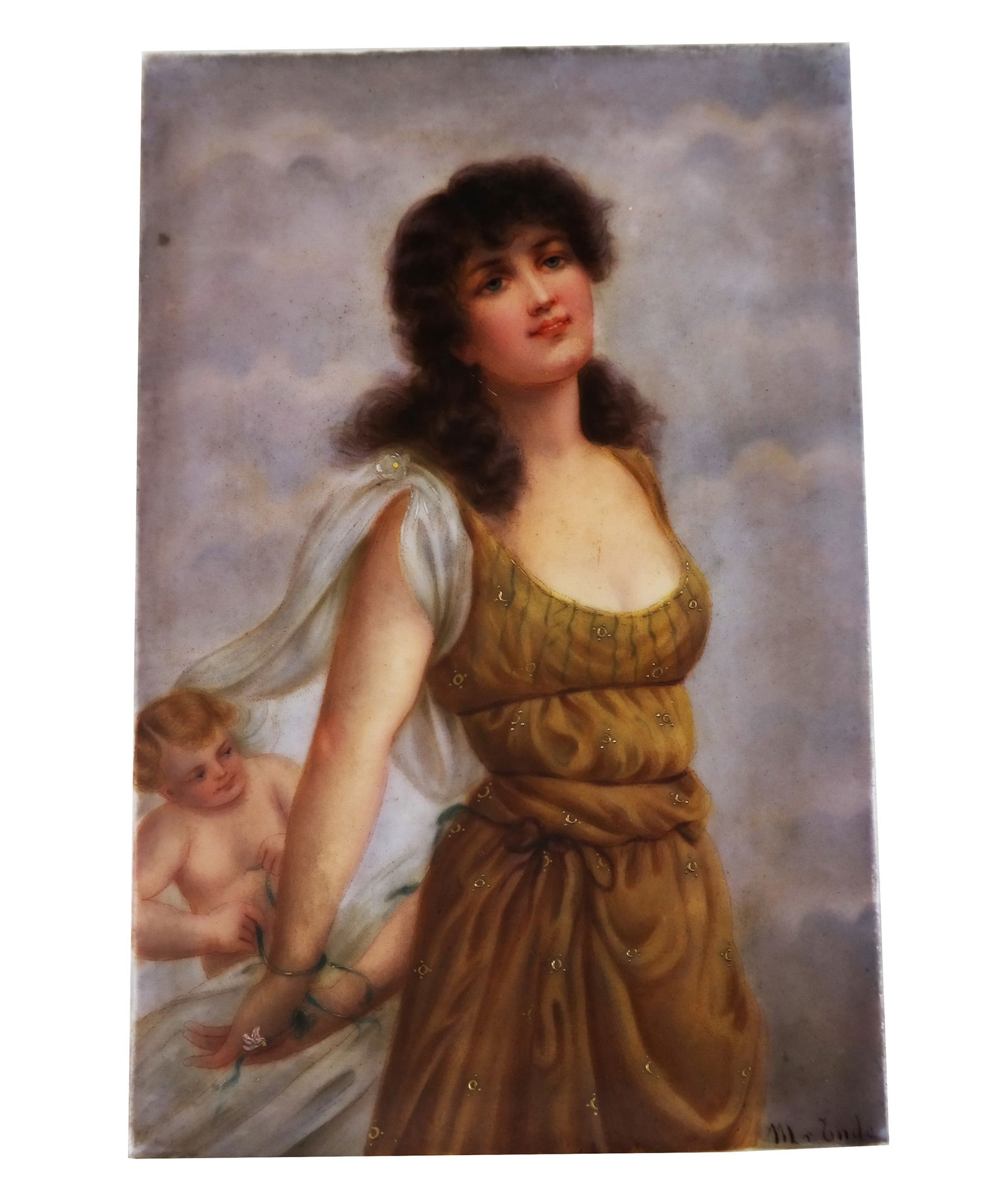 German Paint-Decorated Porcelain Plaque: German paint-decorated porcelain plaque, late 19th century, in the Berlin KPM manner, after Edouard Bisson (French, 1856-1939) "Feengestalt" (fairy), depicting a nymph bound by floral vines, titled "P