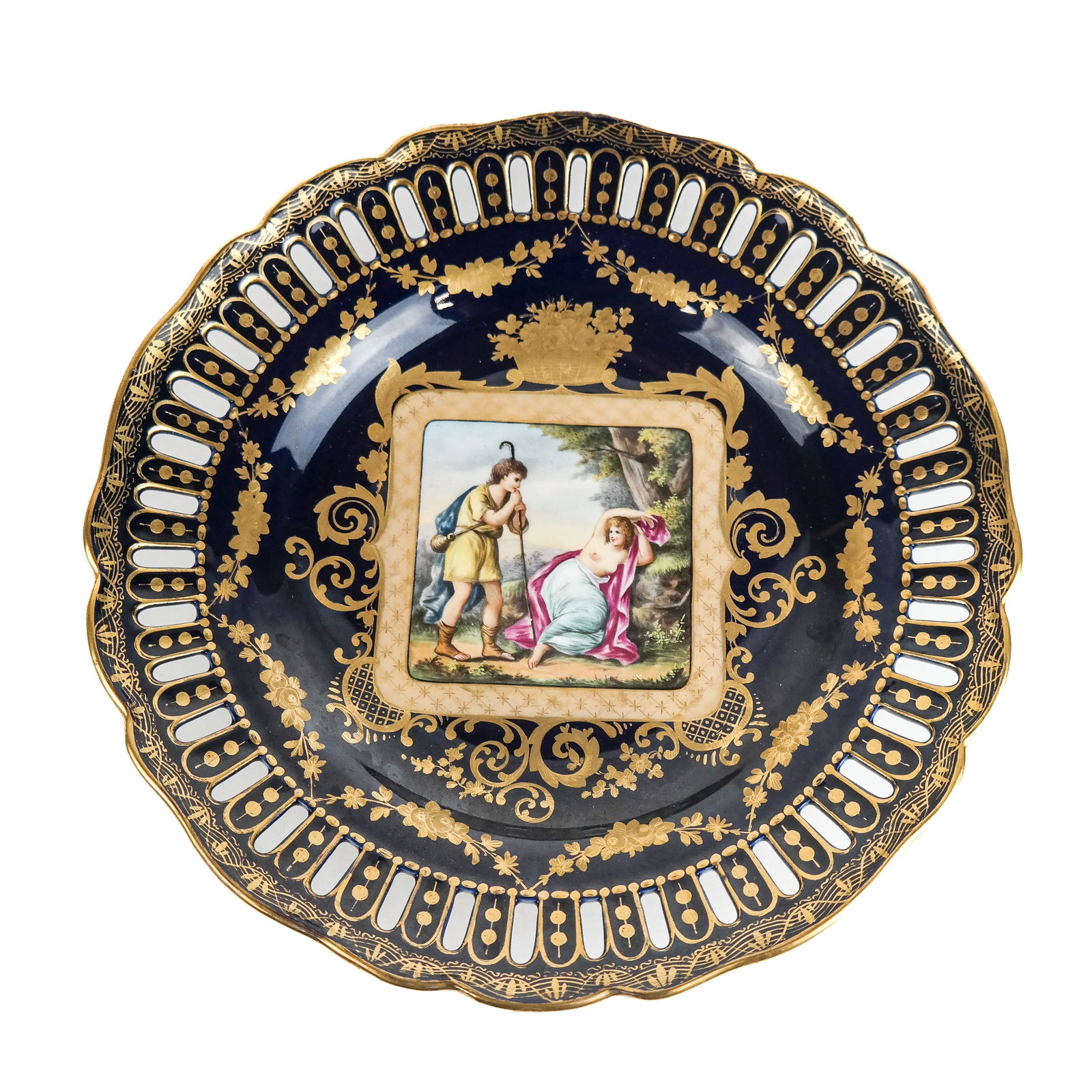 Royal Vienna Painted Porcelain Plate: Royal Vienna painted porcelain plate, mid- to late 19th century, with gilt-accented reticulated border centered with a portrait of a courting couple, the base with blue underglaze shield/beehive mark.