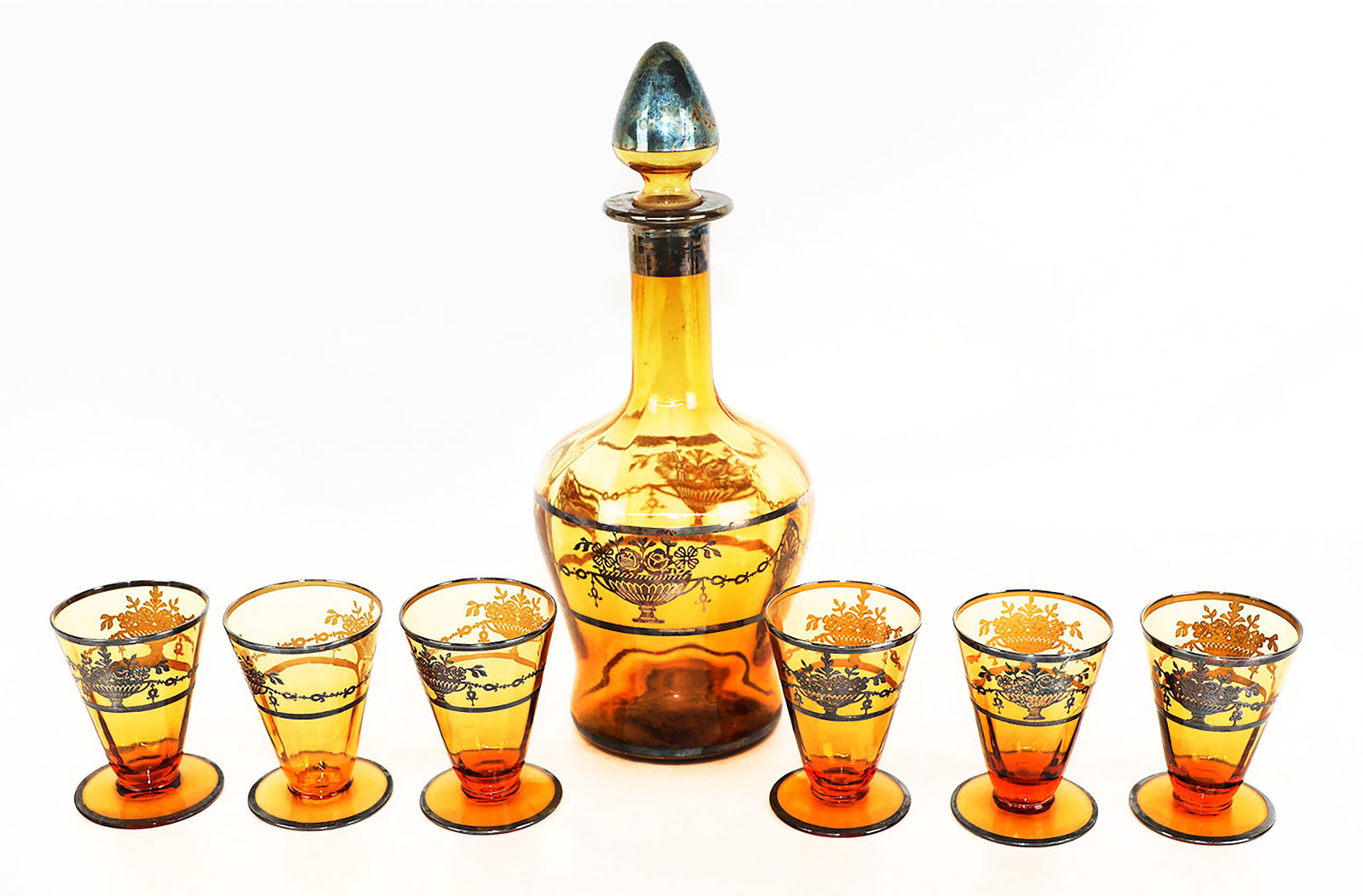 Silver-Overlay Amber Glass Drink Set (1 of 7)