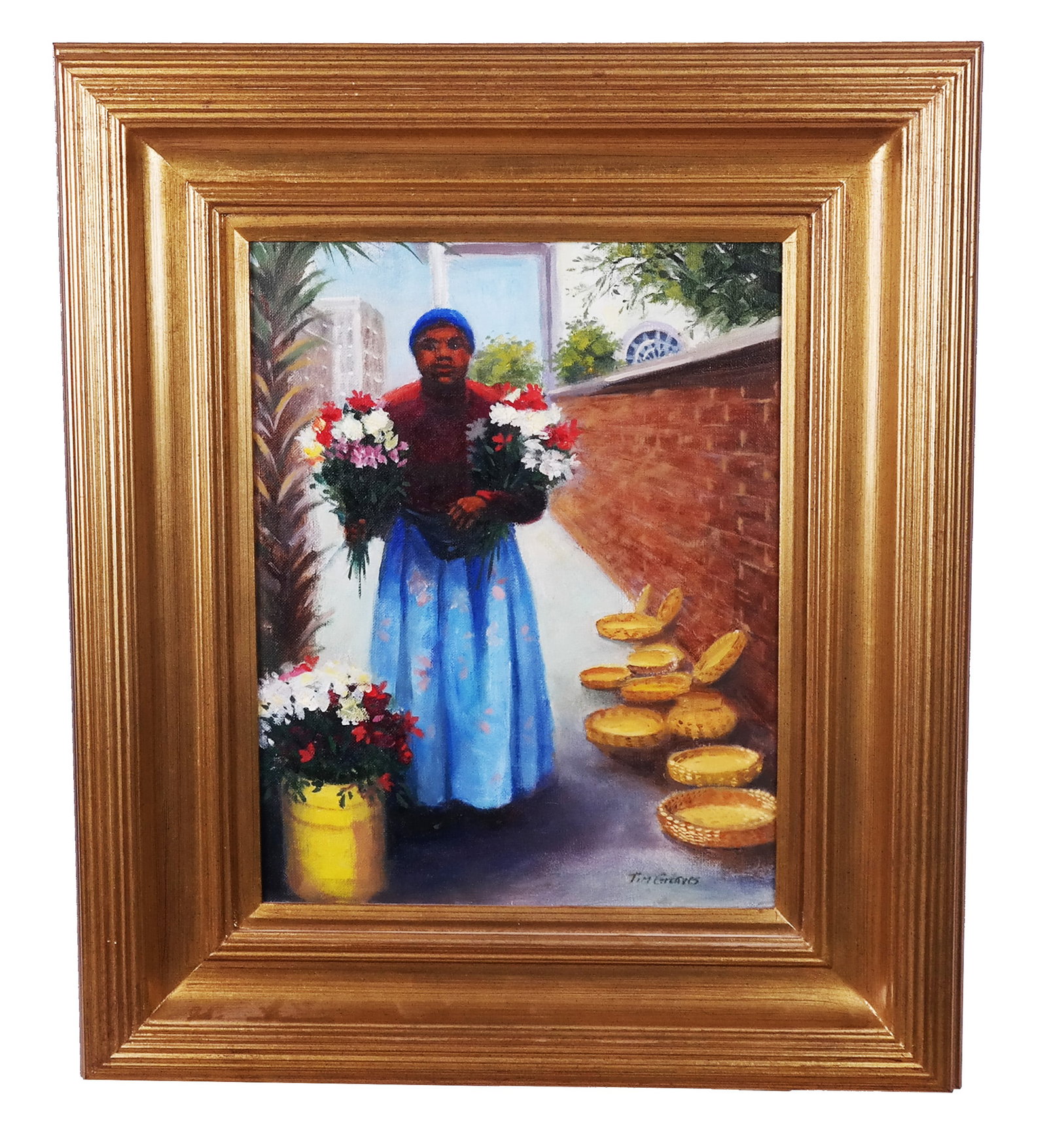 Tim GREAVES: Woman w/ Flowers - Oil Painting: Tim Greaves (American, 20th c.) oil on canvas painting of a woman with flowers and baskets, signed lower right. [Art: 14" H x 10" W; Frame: 21" H x 18" W].