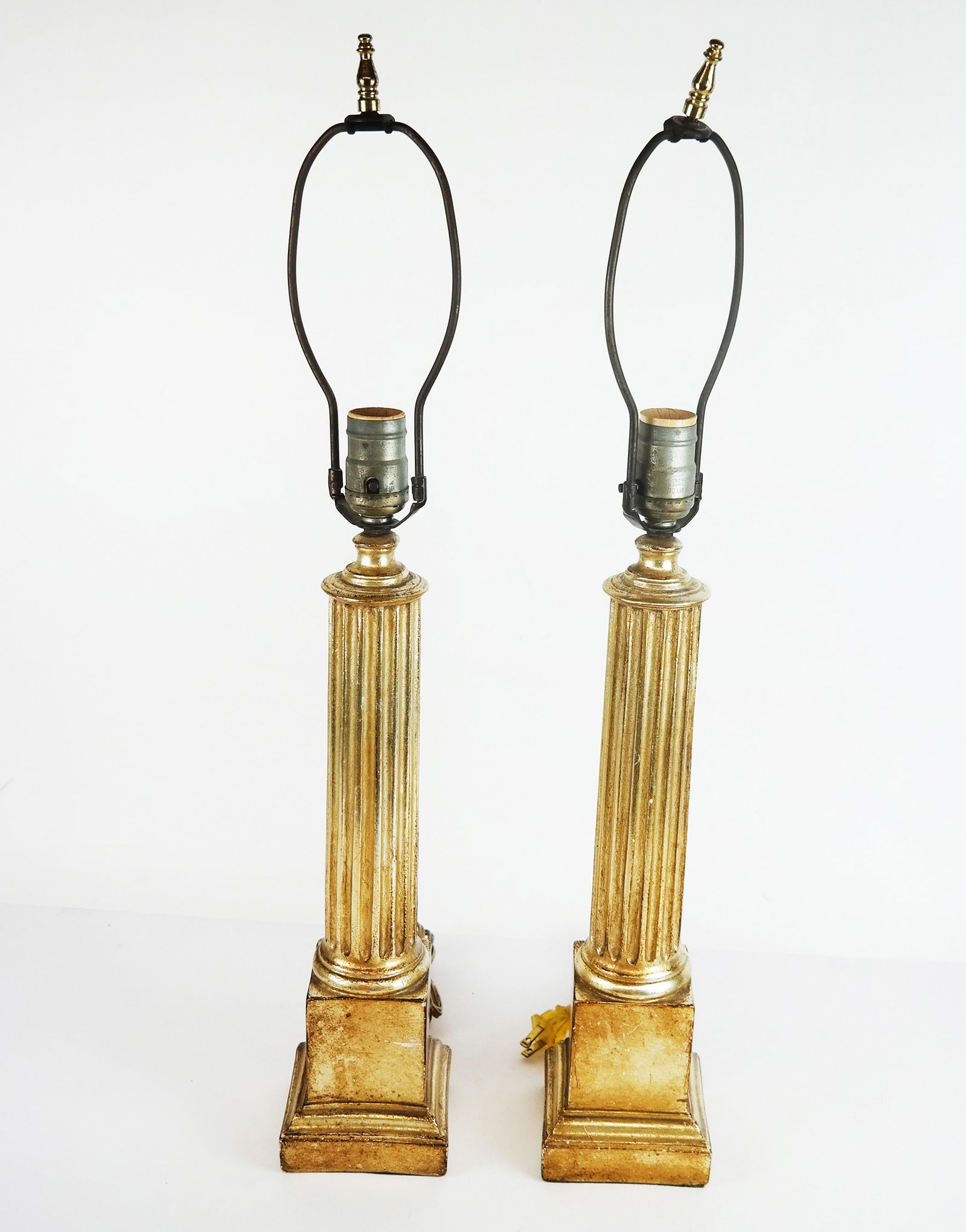 Pair of Gilt Column Lamps: Pair of reproduction lamps having fluted columns on plinth bases. [25" H].