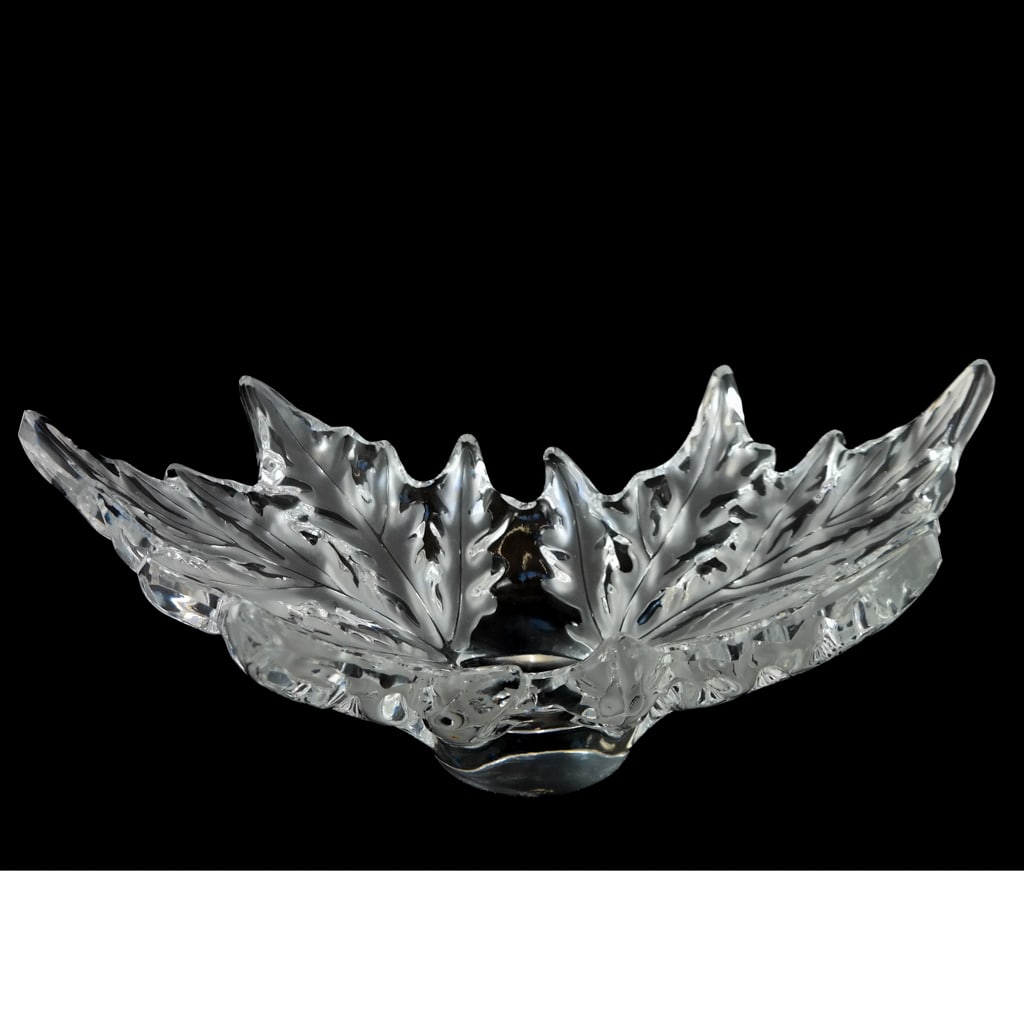 Lalique French Glass Centerpiece Bowl: Lalique French glass centerpiece bowl, "Champs Elysees", with foliate motifs, etched signature. [7 1/" H x 18" W x 10" D]. Scuffs and marks to edges and base.