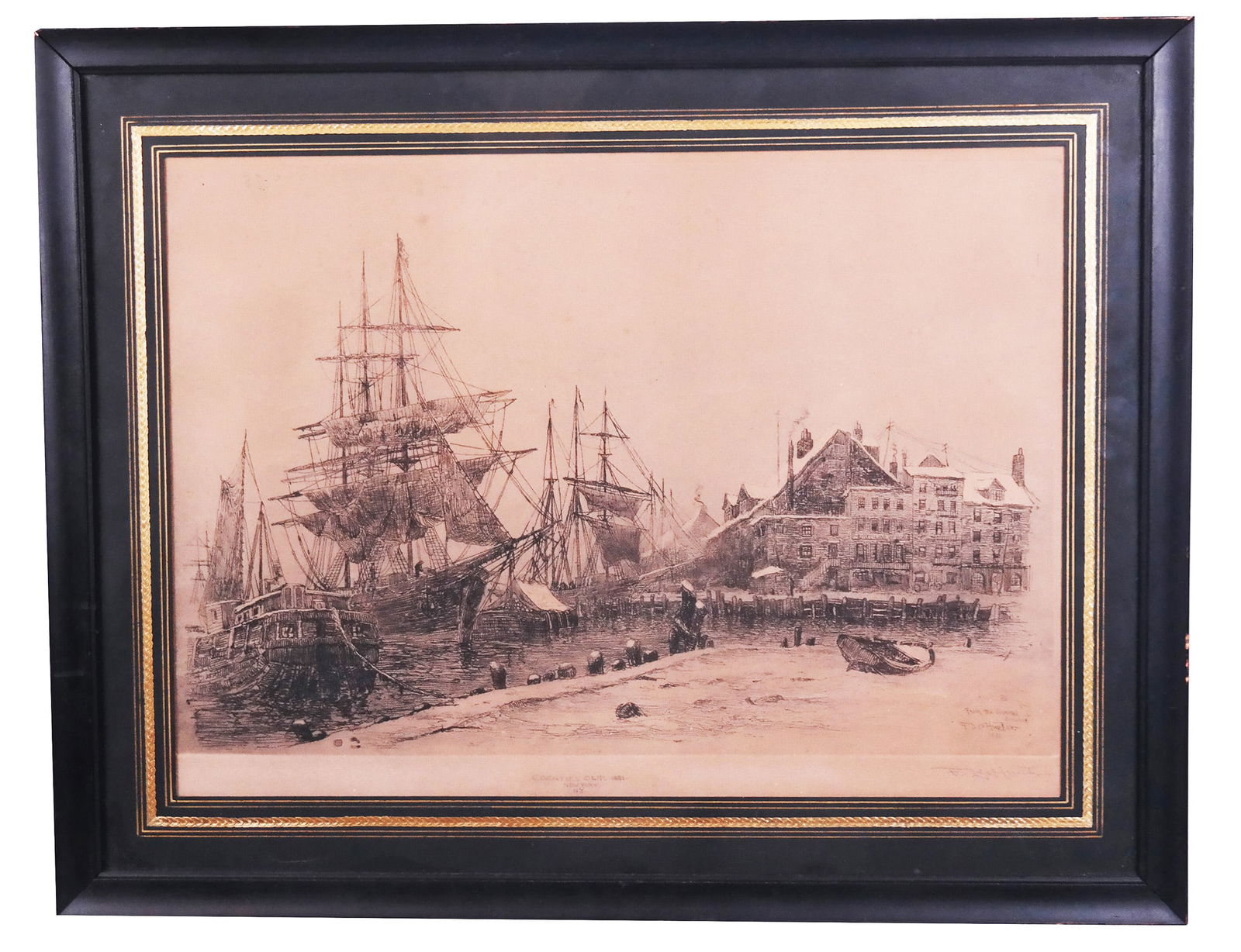 F. Leo HUNTER: Coenties Slip, NY - Etching: Frederick Leo Hunter (American, 1858-1943) etching of ships in Coenties Slip, New York, signed in plate and in pencil, NY, NY, 1881. [Art: 18 1/2" H x 13 1/2" W; Frame: 24" H x 19" W].