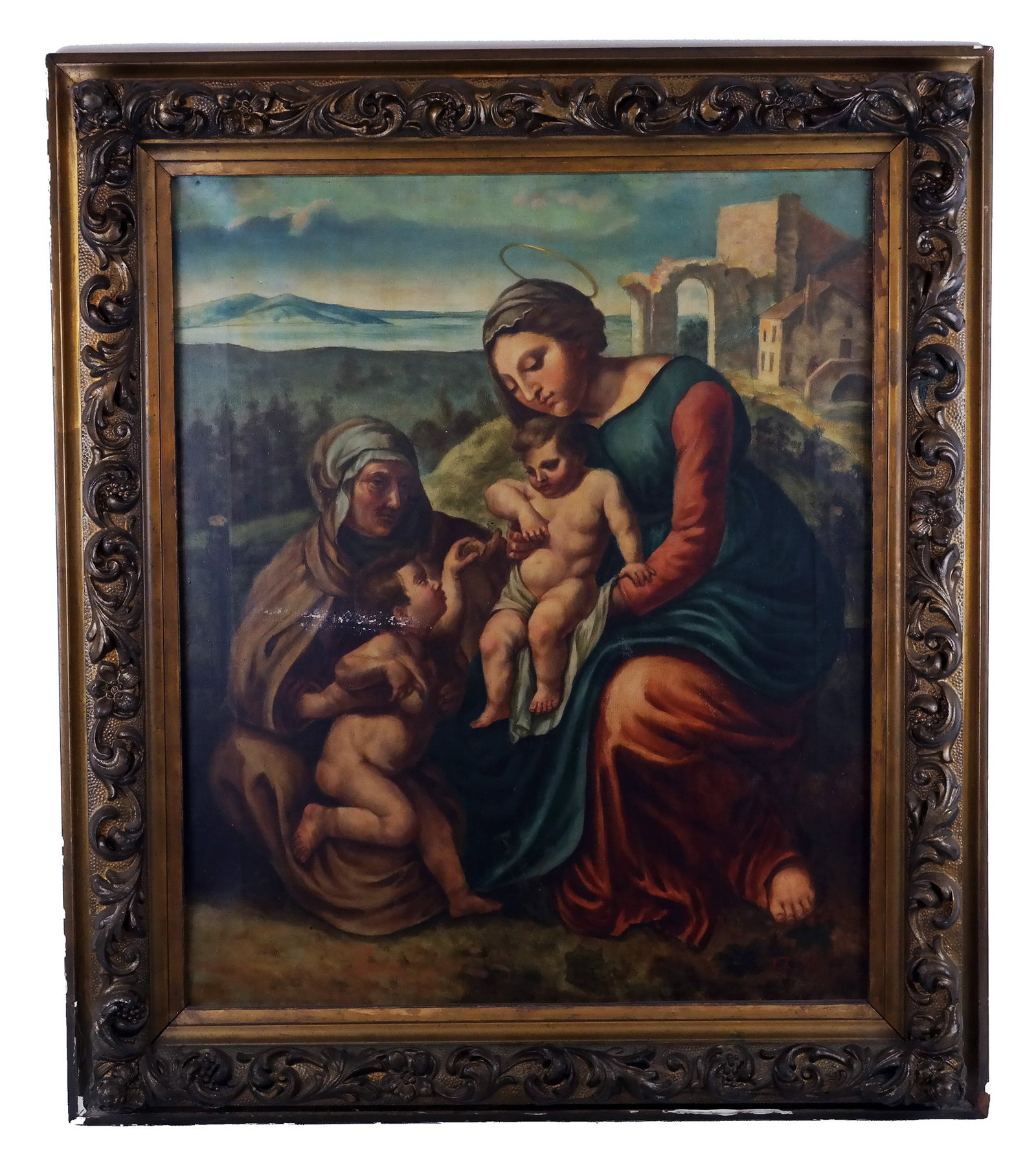Allegorical Scene - The Holy Family Painting: Late 19th century allegorical scene of Mary and Child with another woman and child, initialed illegibly lower right and dated '96, oil on canvas. [23" H x 19" W; Frame: 30" H x 26" W]. Creases, damage