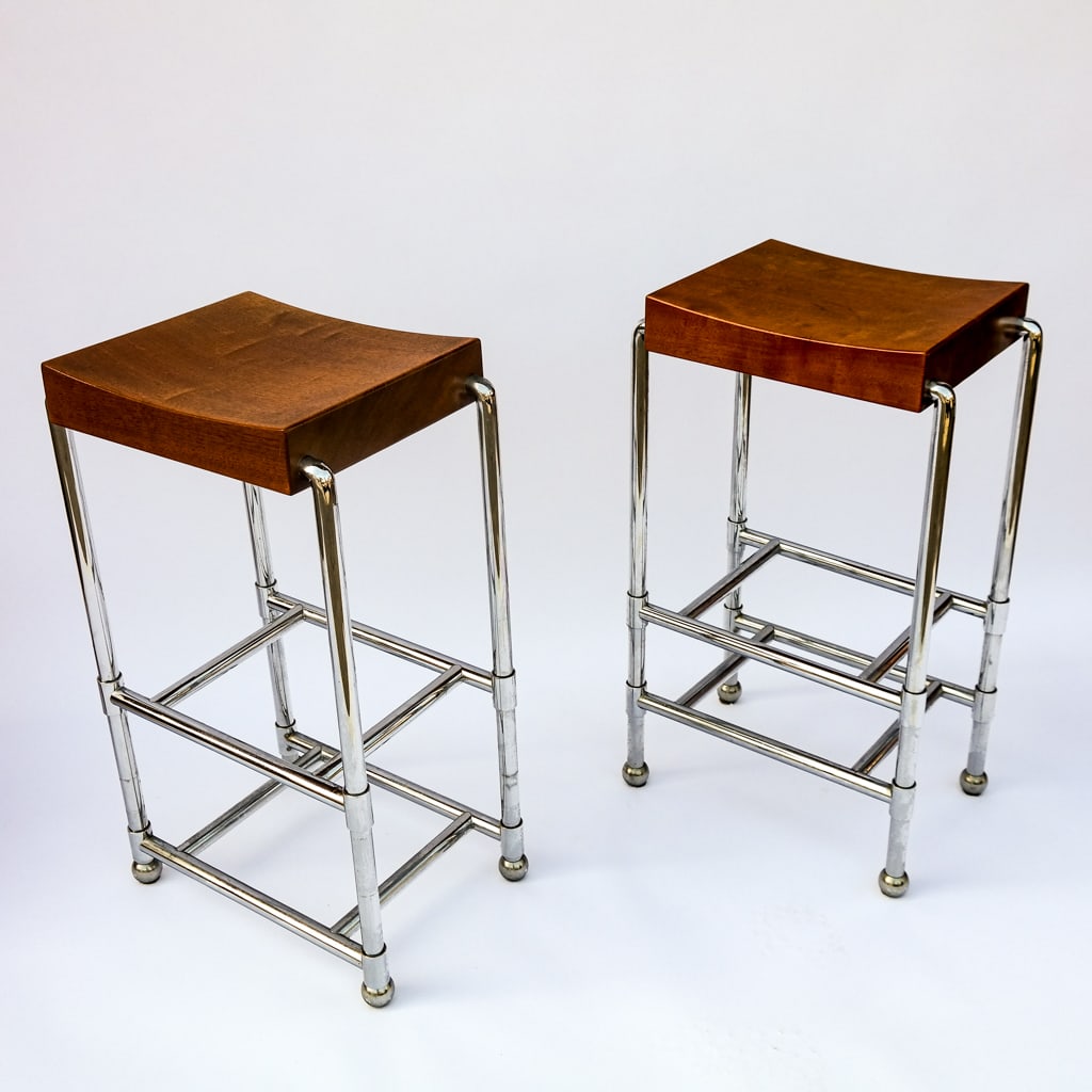 Pair of Chrome and Wood Bar Stools (1 of 10)