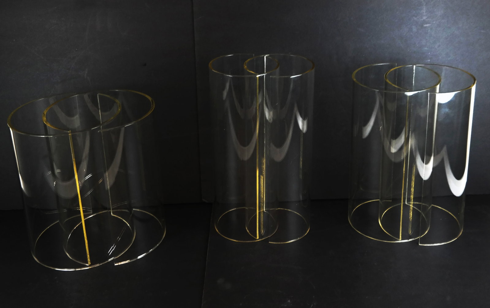 Three Pairs of Glass Cylindrical Shades: Three pairs of glass cylindrical shades, each with 1"-1 /2" cut out, presumably to mount on a sconce. Provenance: From the Collection of renowned architect and designer Thierry Despont. [13 1/2" H x 7