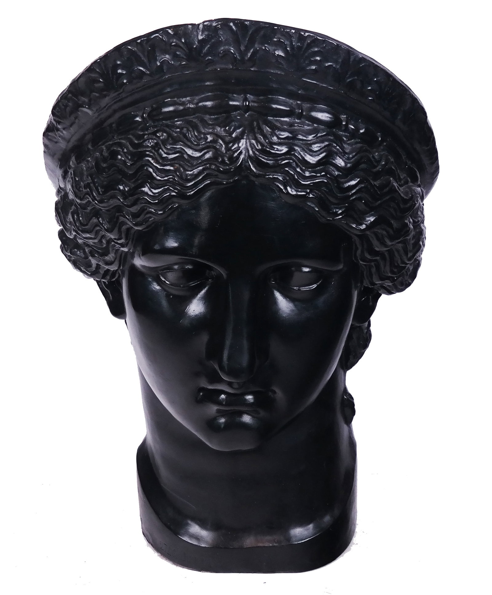 Large Fiberglass Head of Lady Liberty: Large ebonized fiberglass head of Lady Liberty (Libertas / Eleutheria, Roman / Greek goddess of Freedom and Liberty) made as a wall mount or possibly a light cover, noted on bottom "2746 Junom...". Pr