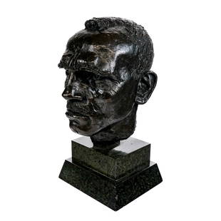 After Sir Jacob EPSTEIN: Bust - Bronze Sculpture: After Sir Jacob Epstein (British, 1880-1959) self portrait bronze bust with moustache, signed verso, raised on stepped stone base. A similar example is in the collection the National Portrait Gallery,