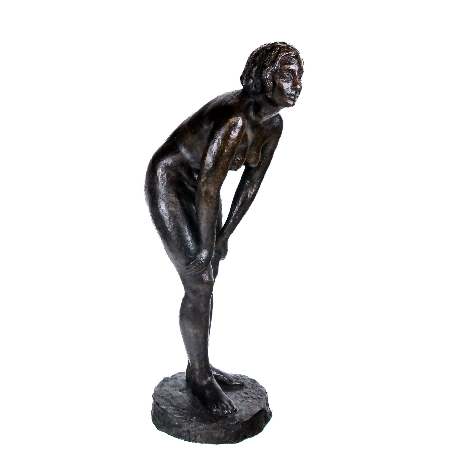 Bronze Sculpture of a Nude Woman: Bronze sculpture of a nude woman modelled standing and leaning forward, in the manner of Arne Durban (Norwegian, 1912-1993) or Ernst Gottschalk (German, 1877-1942). Provenance: From the Collection of 