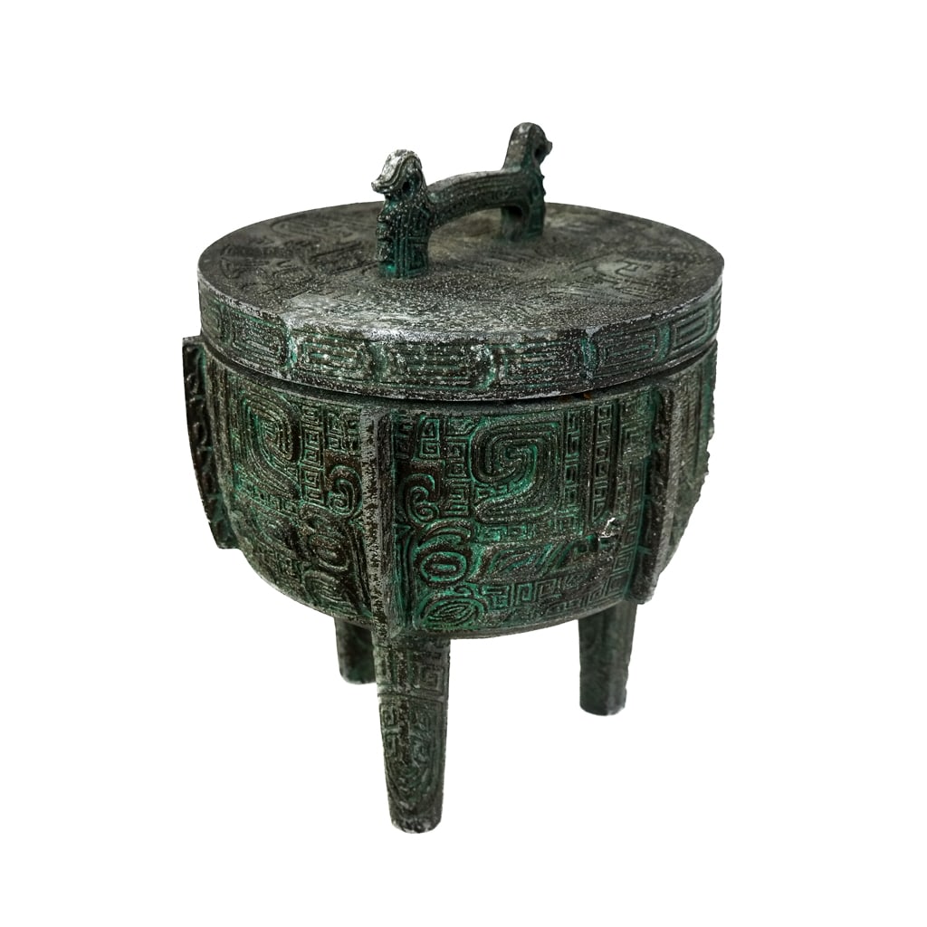 Chinese Patinated Metal Ice Bucket Cooler: Late 20th century whimsical design Chinese patinated metal ice bucket / cooler, modeled as an archaic censer. [11 1/4" H x 9" Diam.]. Applied decoration to mimic age; wear and residue to liner.