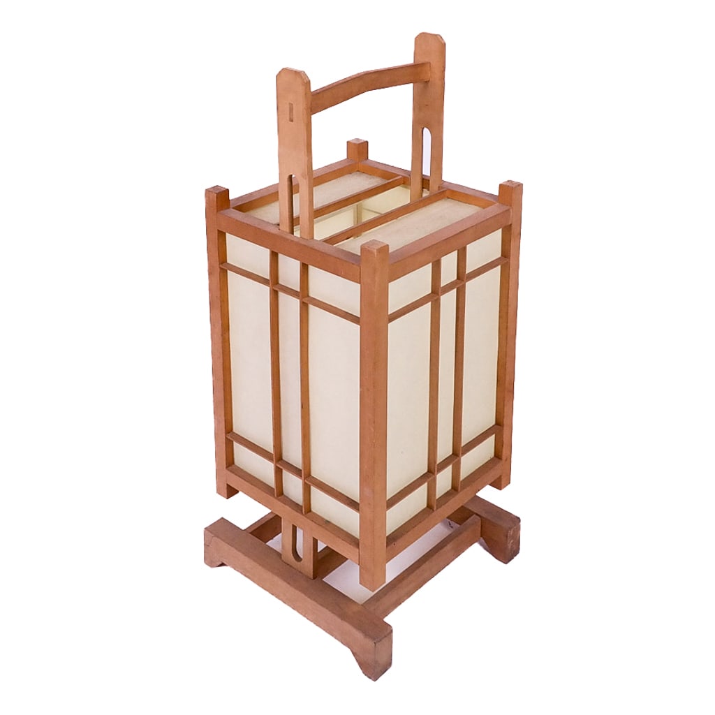Japanese Shoji Lantern: Japanese Shoji lantern having parchment-style cover. Not electrified. [31 1/2" H x 12" W x 12" D]. In good condition.