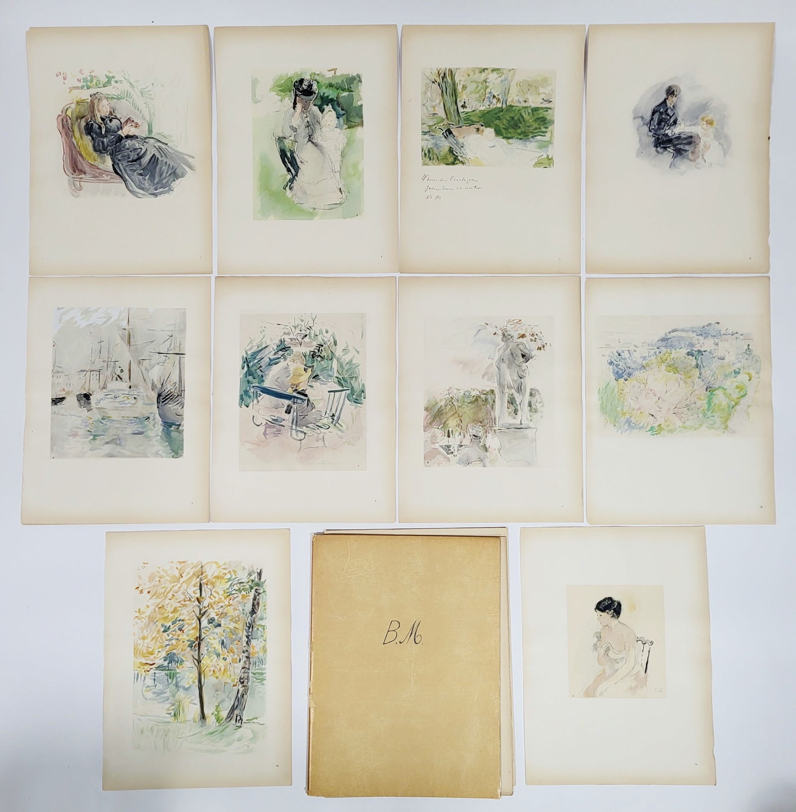 Berthe MORISOT: Set of 10 Aquarelle Prints: Portfolio containing ten (10) aquarelle prints of works by Berthe Morisot (French, 1841-1895), published in Paris by Quatre Chemins, 1946, in a limited edition numbered 1 of 300. [Sheet: 15" H x 11" W
