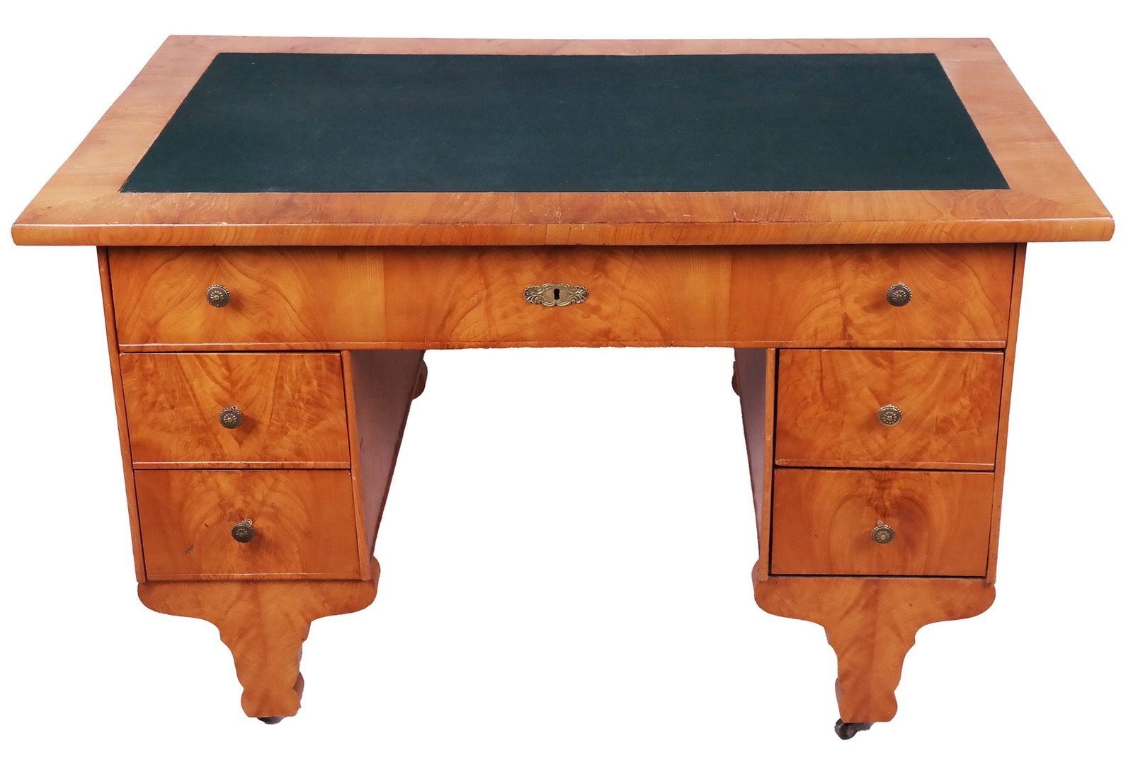 Biedermeier Fruitwood Writing Desk: Biedermeier fruitwood writing desk, mid-19th century, German or Austrian, with inset felt writing surface above long and short drawers, raised on figured bracket feet. [31" H x 50" W x 30" D].