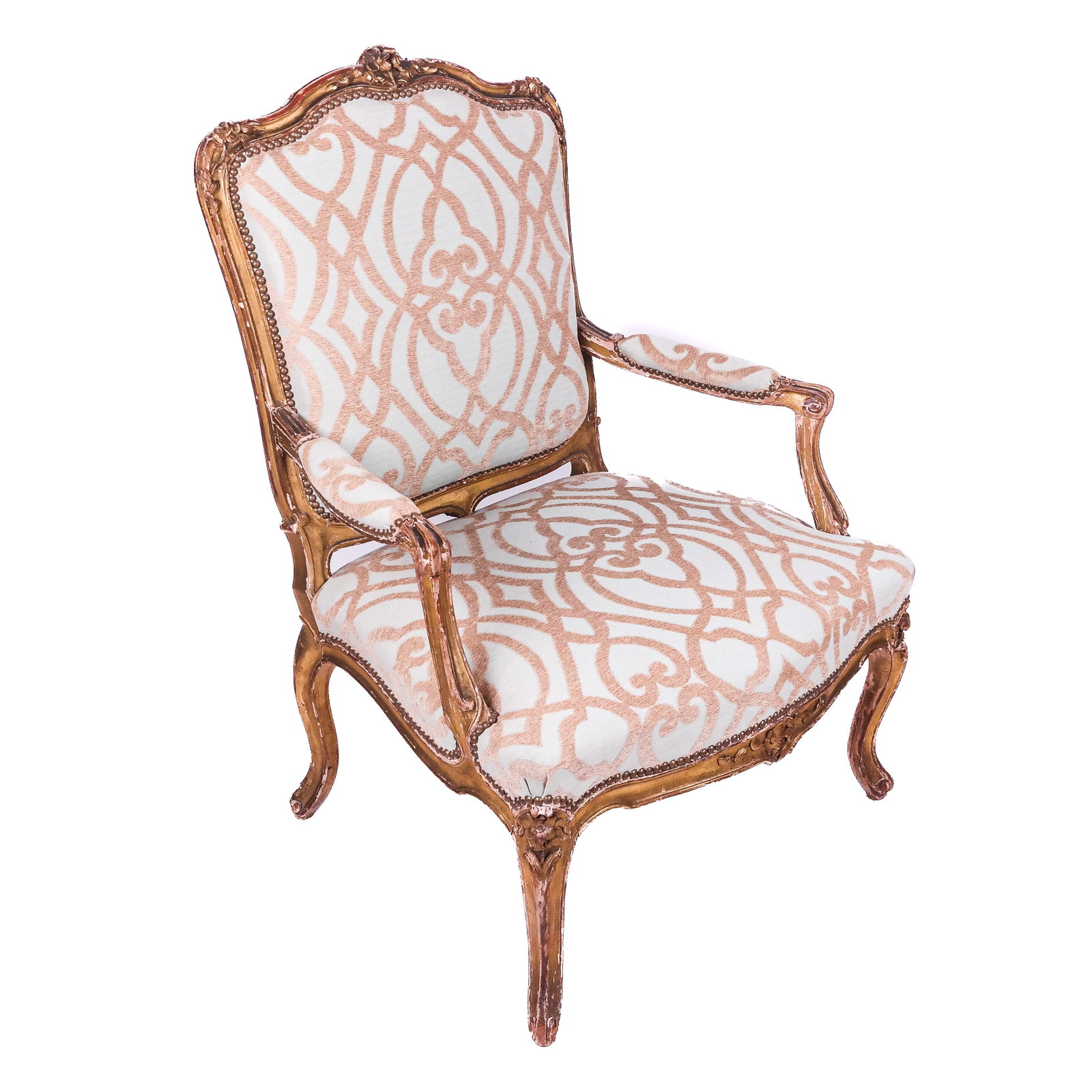 19th C. French Carved Armchair: Louis XV-style painted, carved and decorated marquise-style armchair with green and gold decorated upholstery. [43 1/2" H x 30 1/2" W x 24 1/2" D; 17" H to seat].
