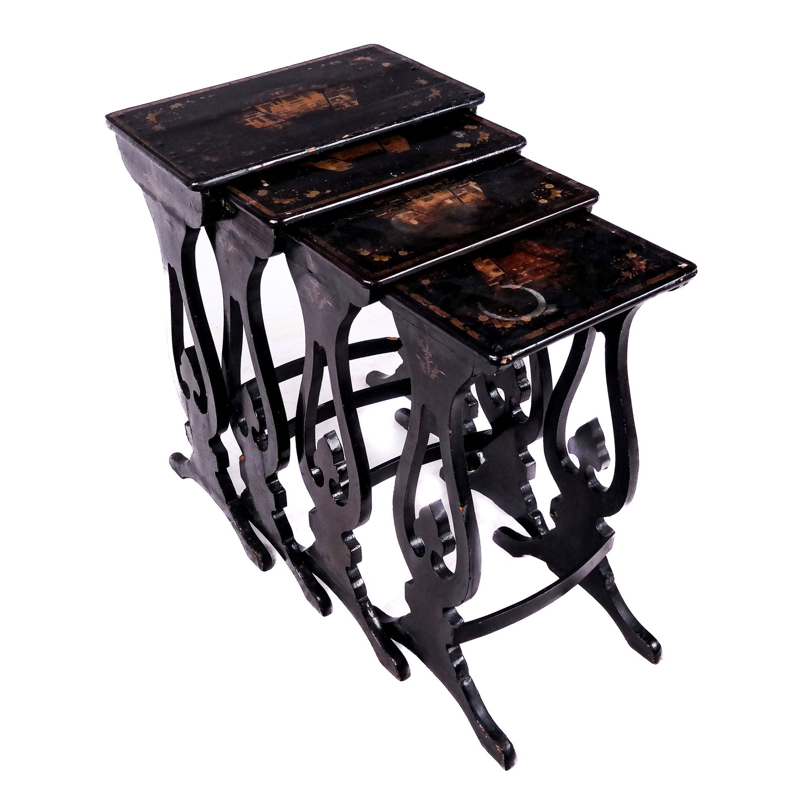 19th C. Chinoiserie Nest of 4 Tables: Victorian nest of four (4) ebony decorated tables. [Largest: 28" H x 19 1/2" W x 12" D]. All worn.