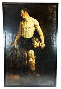 Mark BEARD: "Boxer..." - Oil Painting: Mark Beard (American, b. 1950) also known as Bruce Sargeant, large oil on canvas painting titled "Boxer after the Fight"; signature not found. The artist created artworks for Abercrombie & Fitch store