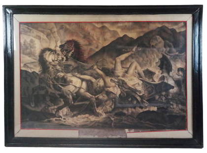 After Claude J. VERNET: "La Mart..." - Print: After Claude Joseph Vernet (French, 1714-1789) large antique framed print laid on canvas, 19th century, titled "La Mort D'Hippolyte" depicting the death of Hippolytus capturing the final moment where