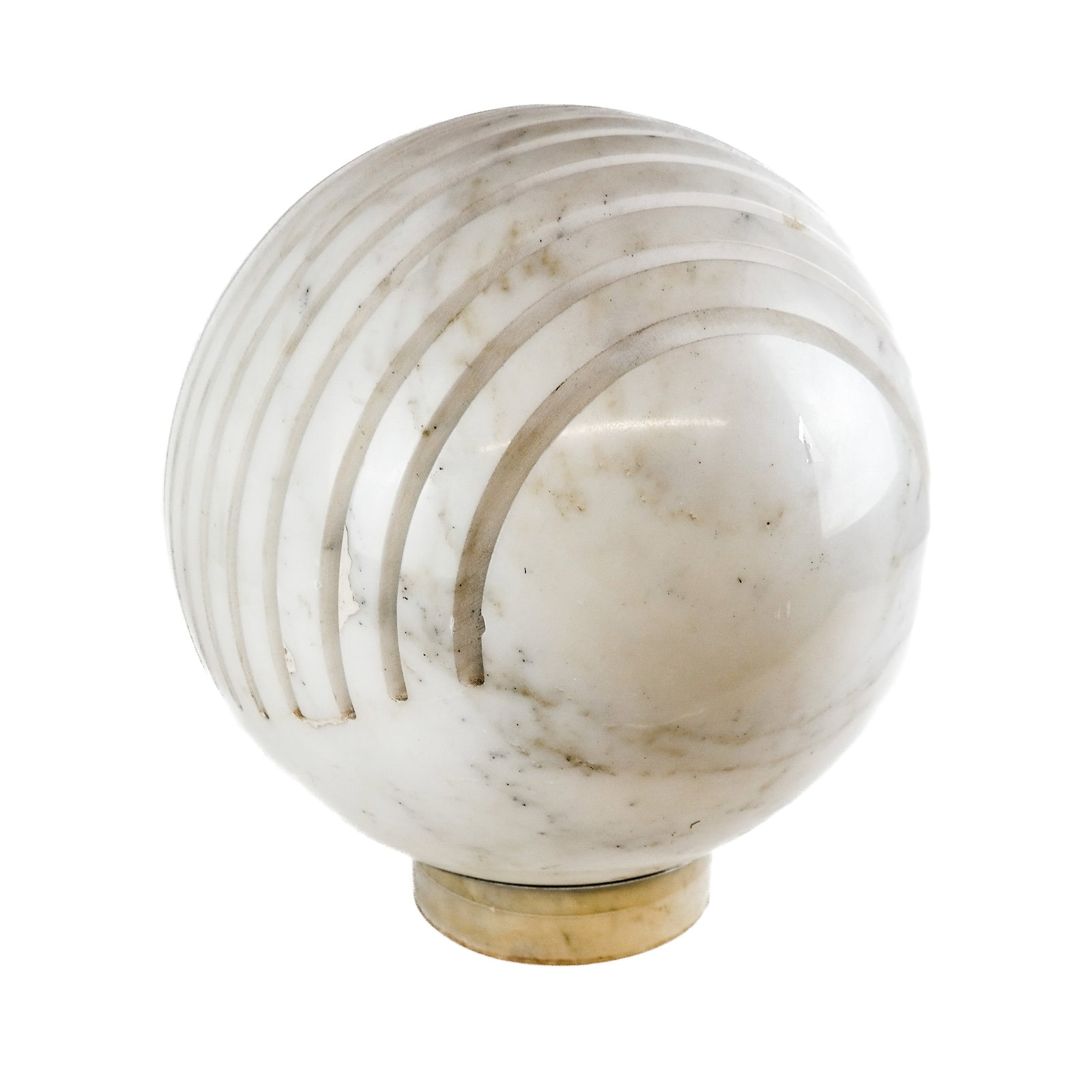 Modernist Carved Marble Lamp: Modernist carved marble lamp, circa 1970s, after the "Arpa" lamp by Alfredo Pizzo Greco (Italian, b. 1942) for Zanotta, with grooved section to emit light. Scattered restoration, numerous chips and lo