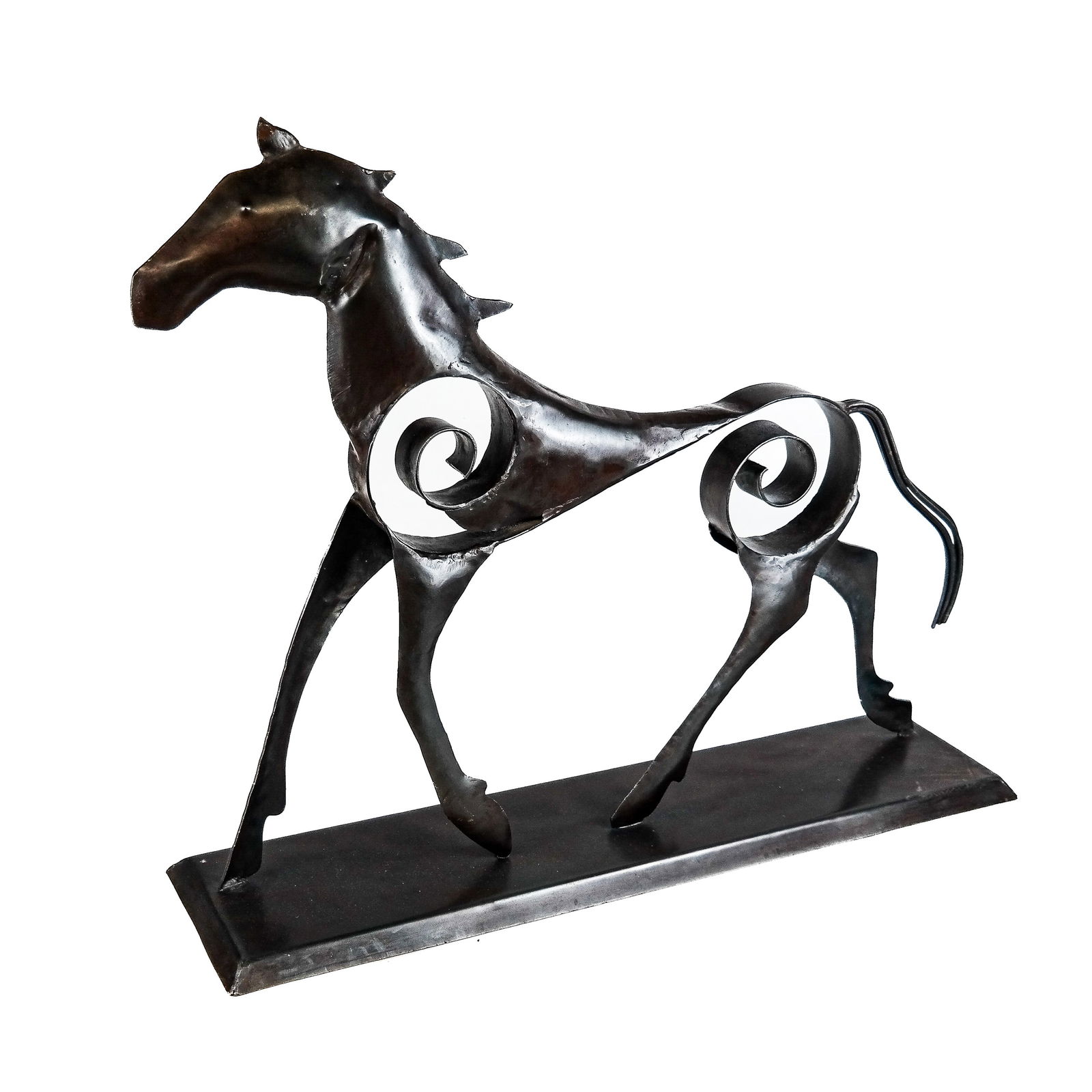 Modern Wrought Iron Horse Sculpture: Modern wrought iron horse sculpture, of equestrian interest, unmarked. [20 3/4" H x 26" W x 6 1/2" D].
