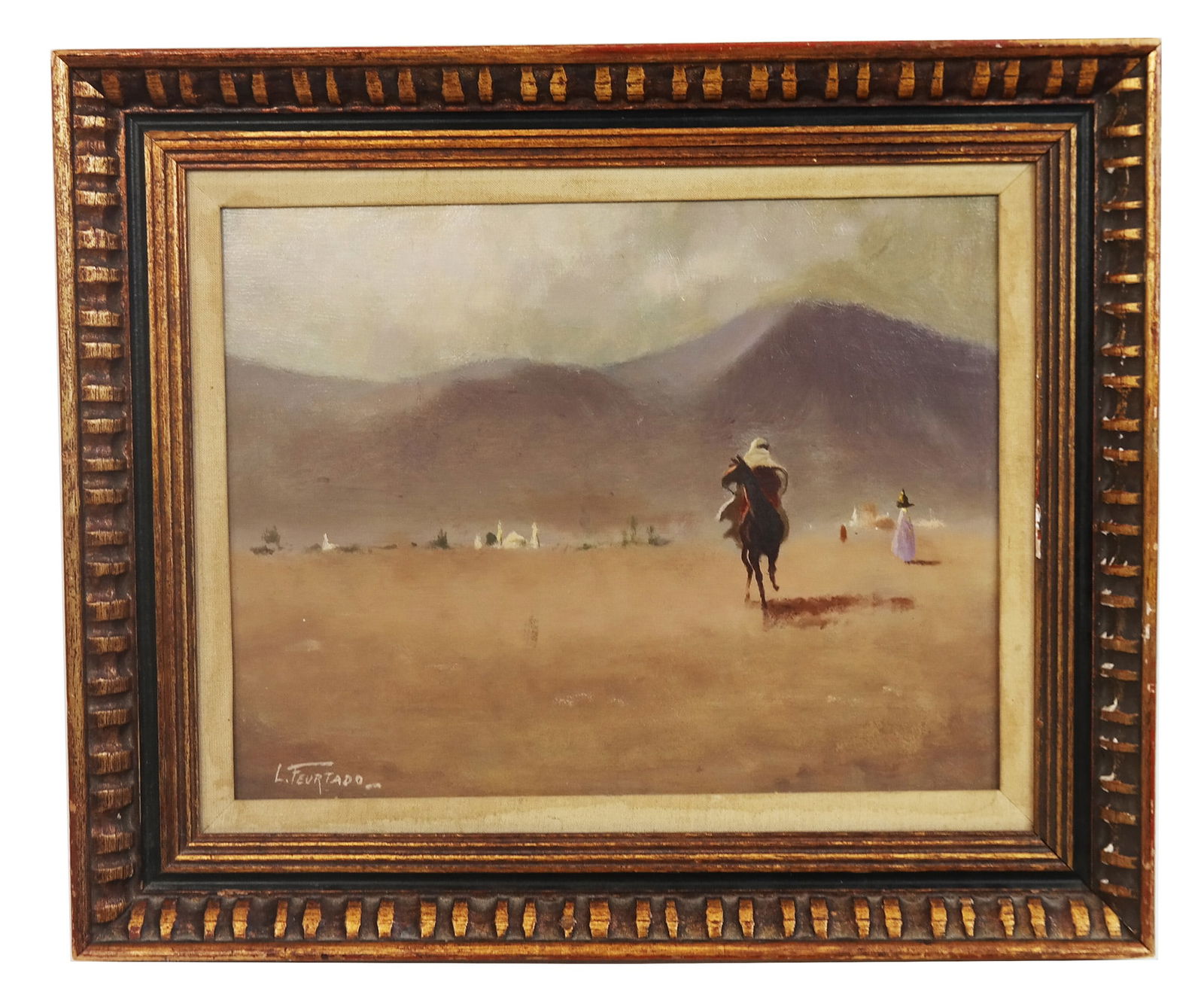 L. FEURTADO: Arabian Landscape - Oil Painting: L. Feurtado Arabian landscape oil on masonite painting in a gilt frame, depicting a figure on horseback in the desert, signed lower left and illegibly dated. [Art: 10 1/4" H x 13 1/4" W]. Wear to fram