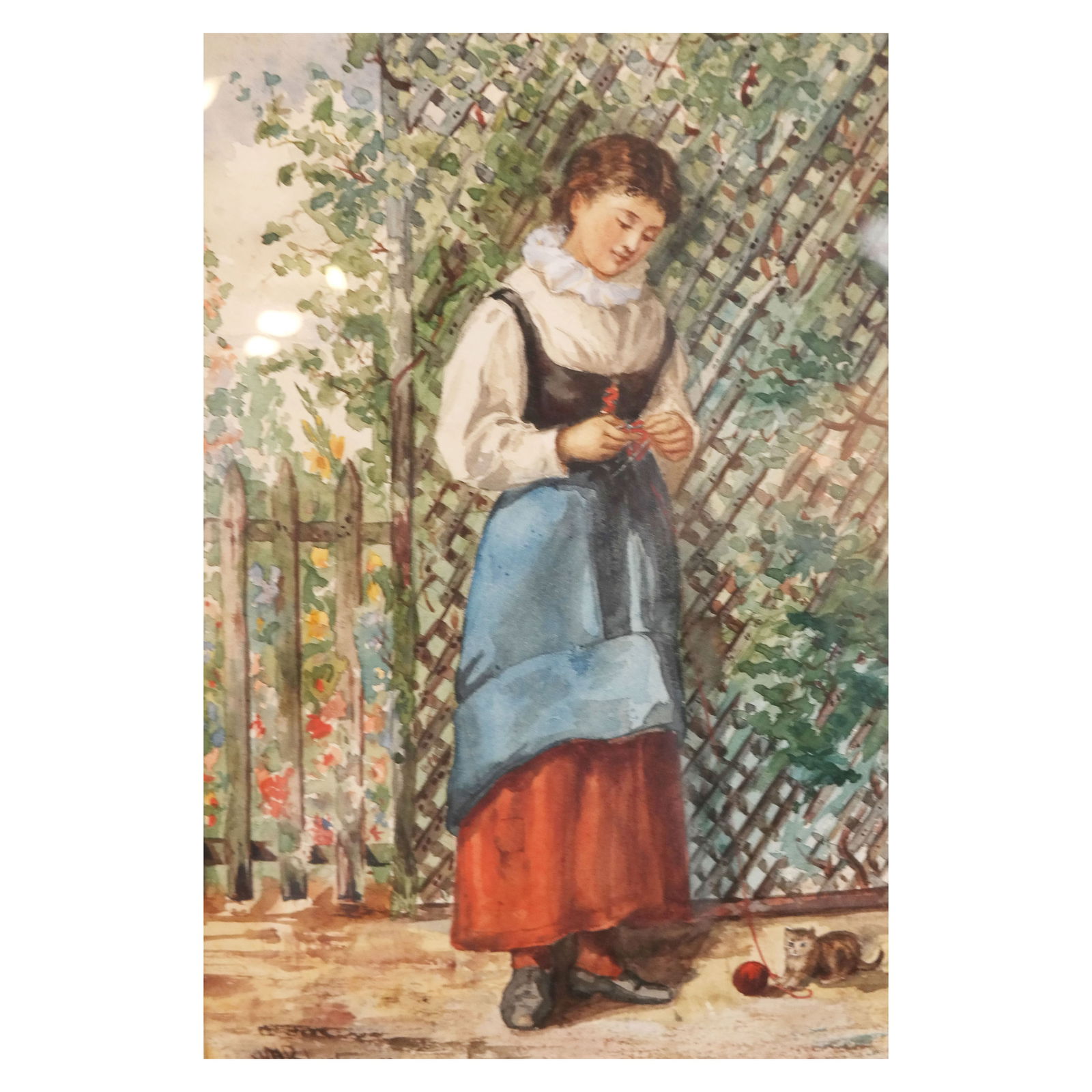 Wm. ROBERTS (?): Lady Knitting - W/C Painting (1 of 8)