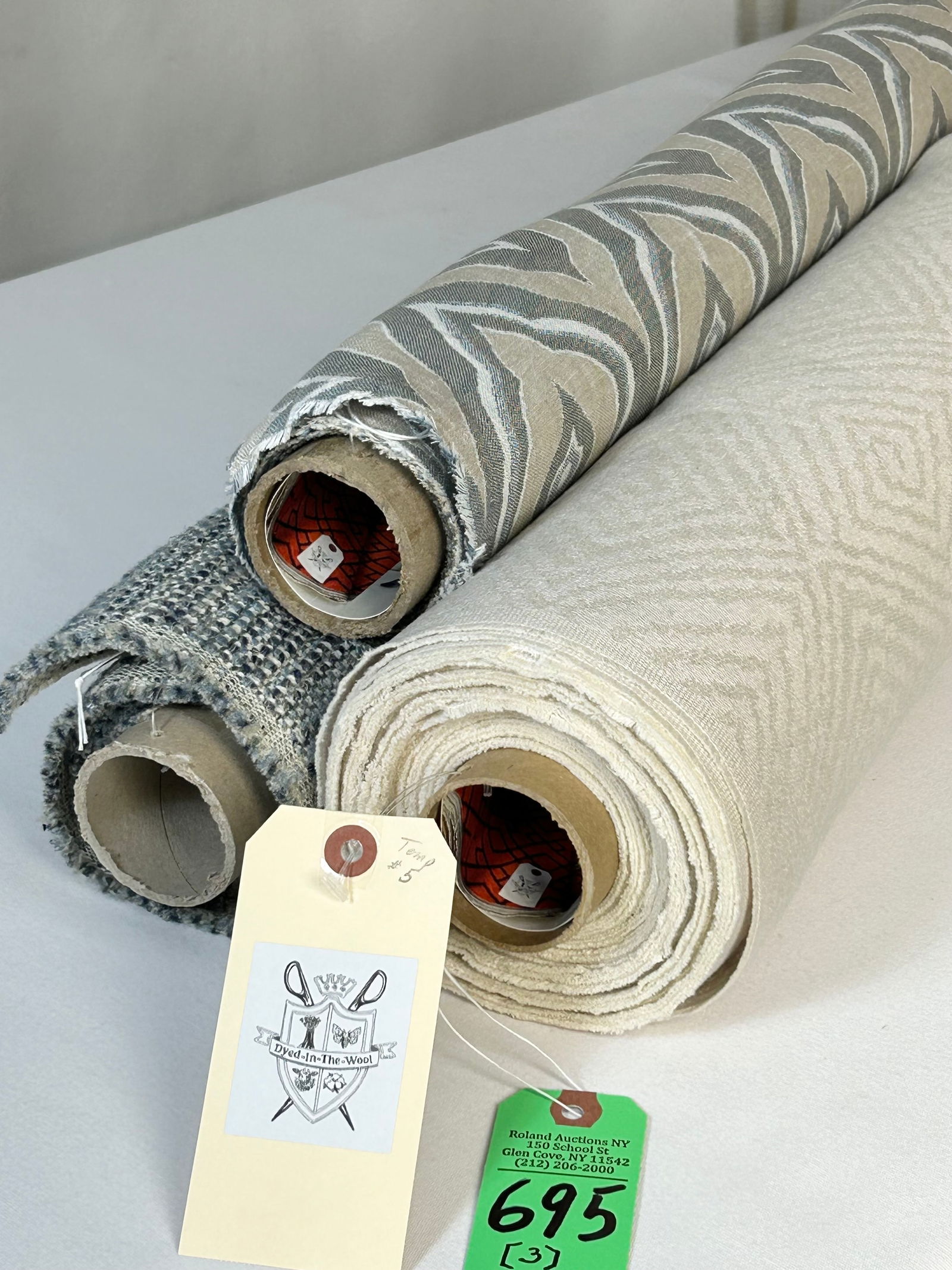 Fret, Colefax & Fowler and Holland & Sherry Fabric: 1) 16 1/2 yards of Fret's "Labyrinth" linen damask in "Platinum", 54" wide. The reversible upholstery or window fabric has a 5" vertical repeat by 6 3/4" horizontal repeat. 2) 2 1/4 yards of Colefax &