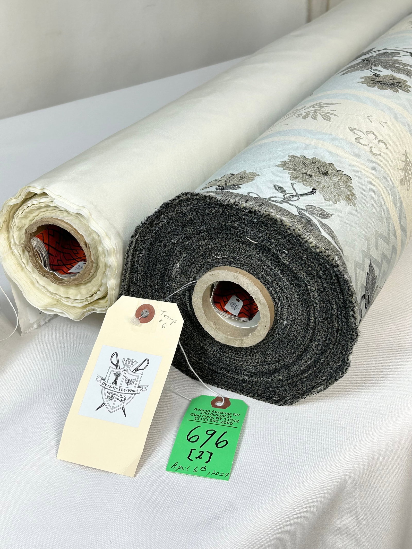Fret Lampas and Fabricut Fabrics: 1) 22 yards of Fret's signature Italian striped floral lampas, "Modern Floral", # 47-2, in multi on sky blue and ivory, 55" width. The 55% cotton and 45% viscose upholstery jacquard was inspired by a 