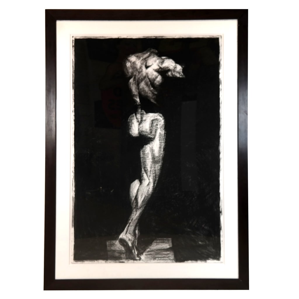 Palatial Nude Male - Mixed Media: Palatial mixed media depiction of a man from behind. Provenance: From the Collection of renowned architect and designer Thierry Despont. [Art: 57" H x 40" W; Frame: 74" H x 54" W]. In good condition.