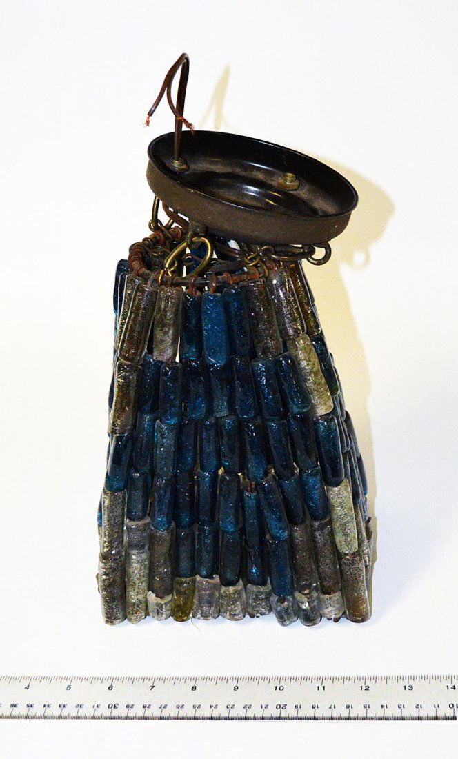 Mid-Century Modern Glass Ceiling Fixture: Single light fixture with shade composed of multiple blue and clear glass elements with inclusive air bubbles. Some chips, otherwise fair condition. 7" sq x 12" H.