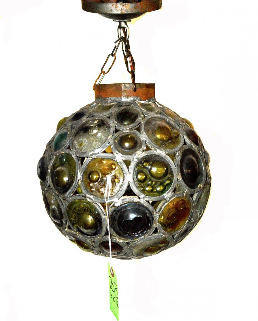 Vintage Modern Pendant Fixture: Spherical single Edison-base fixture composed of multiple colored glass discs with inclusive air bubbles. 11 1/2" Dia x 18" H. Needs to be re-wired. A few broken bubbles, otherwise complete.