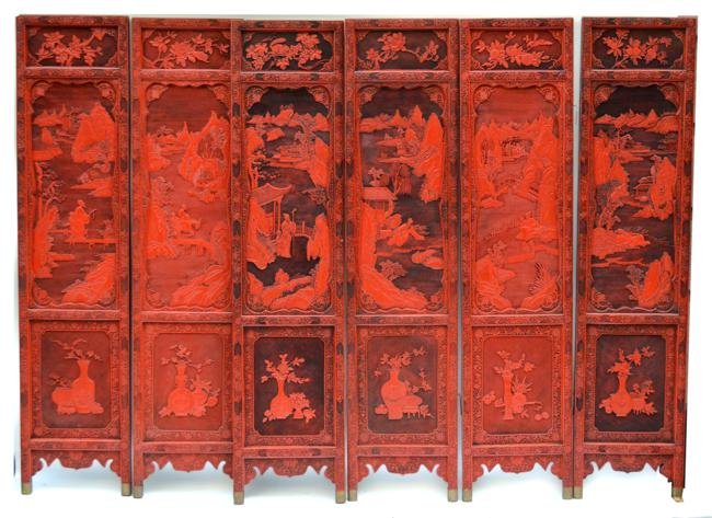Red Carved Cinnabar Chinoiserie Screen: Six panel floor screen. Each panel is divided into three sections: top depicting various flowers and fruits; middle depicts scholars at mountain lake retreats; and bottom depicts vases and other vesse