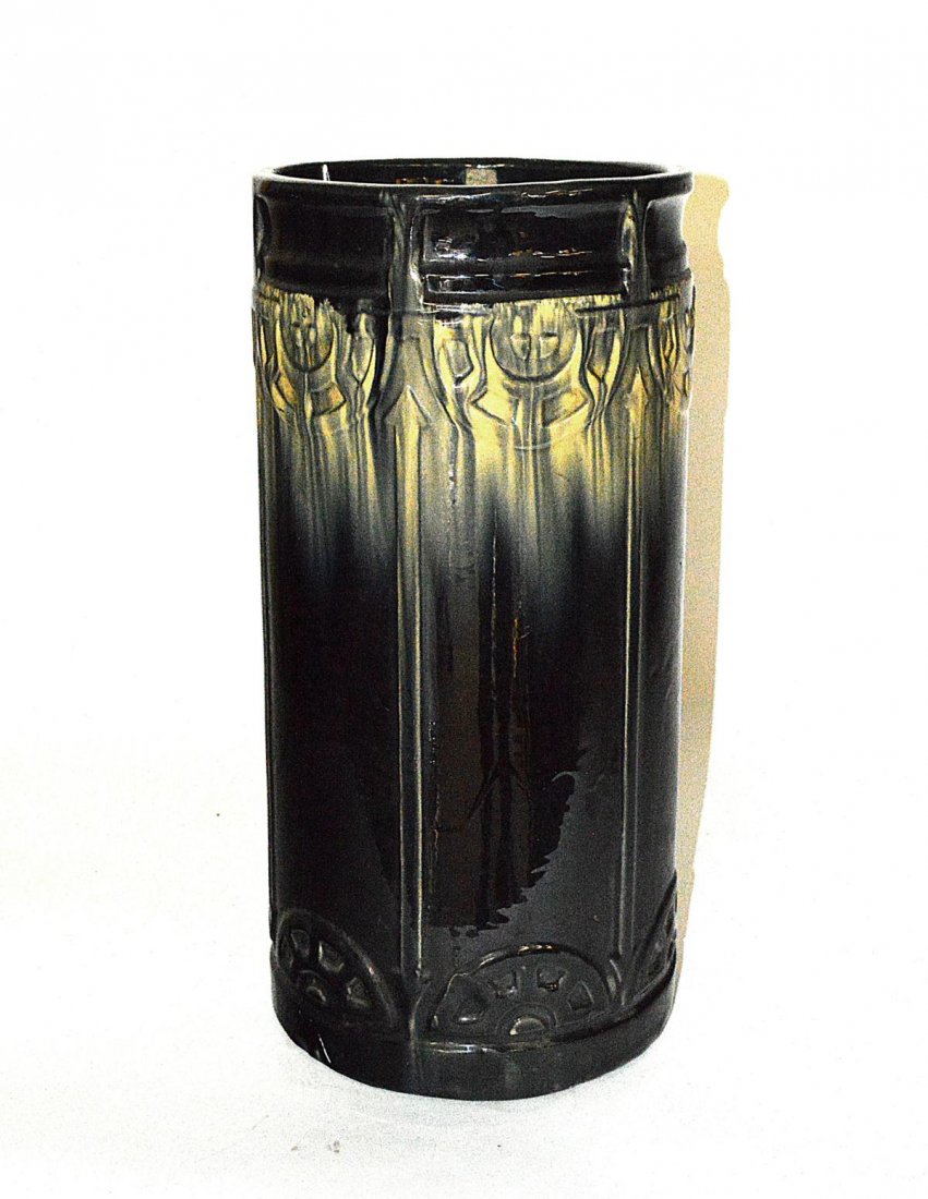 Art Nouveau Style Ceramic Umbrella Stand: Features black glaze with lighter gradient band at top. 9 3/4" Dia x 20 1/2" H. Minor chips and wear on rim.