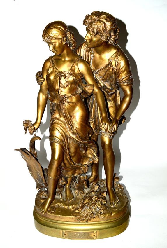 H. Moreau Sculpture, Lovers: French bronze doré sculpture of lovers, "L'Avel". Signed H. Moreau, 19th C. 27" H x 15" L.