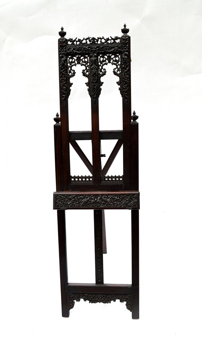 Lockwood de Forest Attr. Elaborately Carved Easel: Aesthetically carved easel, attributed to Lockwood de Forest, some condition issues. 19th C.