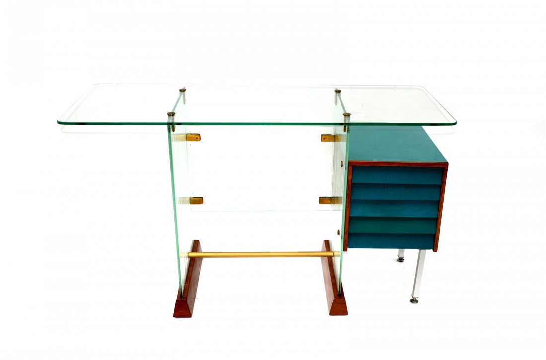 Modern Glass Desk: Modern glass desk having blue louver style drawers. Acquired from Fred Silberman (NY dealer) from an office possibly designed by Gio Ponti in the late 1930's in Milan.