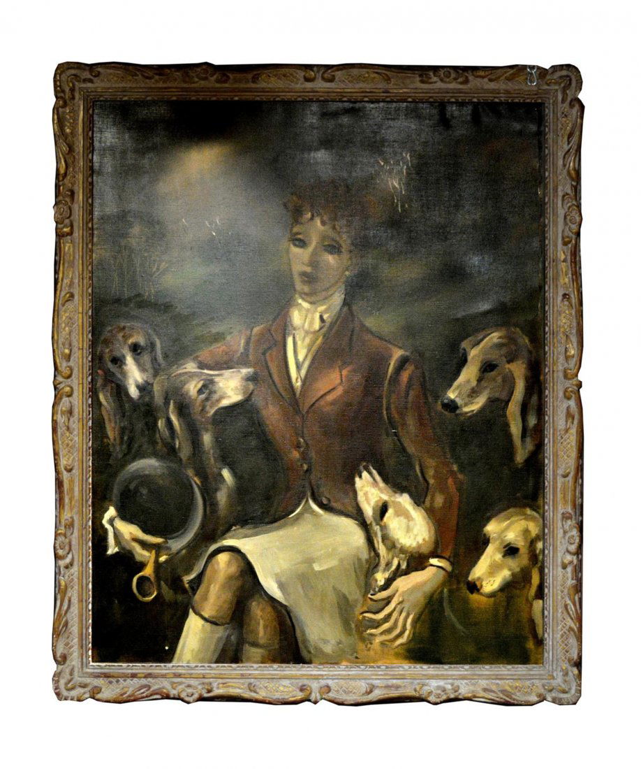 Attributed John Wesley Carroll, Oil on Canvas: Stylized depiction of a seated female fox hunter with five hands. Art: 49 3/4" x 39 1/2"; Frame: 56 1/4" x 46 1/4". Two small punctures at top left and scratch at bottom left, otherwise in good condit