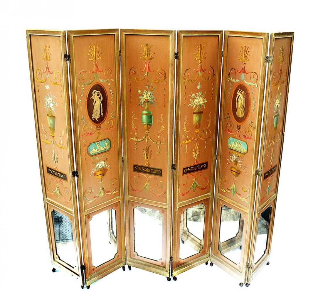 Venetian Style Decorated Screen: Hand painted decorated panels, each with mirrors in the lower panels.