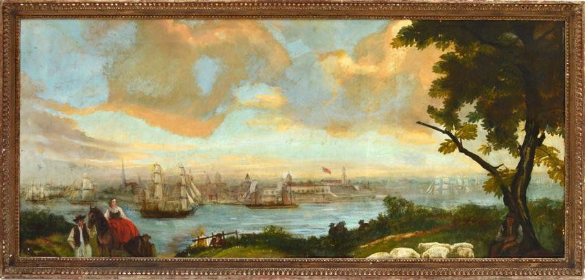 British School 19th C. Oil on Canvas, Harbor Scene: Panoramic view of masted ships in a harbor with cityscape on horizon. Art: 24" x 57"; Frame: 28 1/4" x 61 1/2". Mounted on masonite. Bears craquelure, creases, scuffs, and rippled areas.