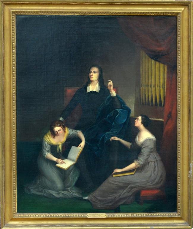 After Rembrandt Peale Oil on Canvas: Depiction of the author dictating to his daughters. Unsigned. Art: 36" x 28 1/4"; Frame: 40 1/2" x 32 1/2". Relined. Some flaking on Milton's face, otherwise good.