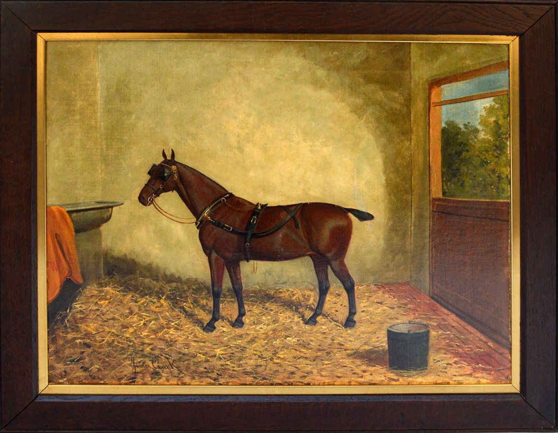 James Clark Stallion in Stable: Framed oil on canvas depicting a horse in a stable. Signed lower left label verso, James Clark [British 1858-1943]. Peter Ward Galleries, England. 17" x 21".