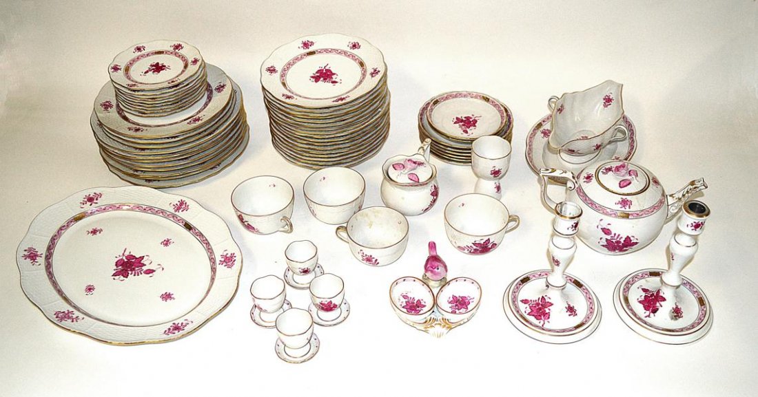 64 Piece Herend Porcelain Dinner Service: Puce and gilt floral decoration, includes pair of candlesticks, breakfast service, and much more.