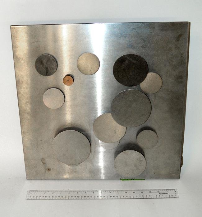 Modern Kinetic Steel Disc Sculpture: Bears multiple rotating discs mounted off-center. Internal mechanism needs restoration [not functioning]. Missing one disc. 19 3/4" Sq x 4" D.