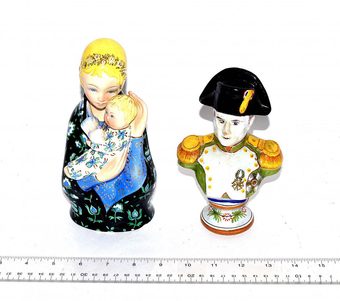 Two Italian Ceramic Busts: Capodimonte figurine of Napoleon, and Lenci figurine of a mother and child.