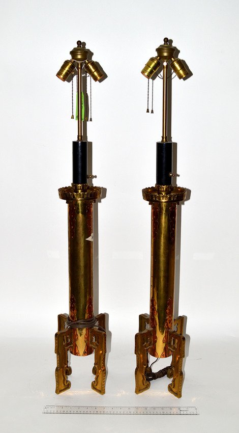 Pair of Rocket Form Lamps: Pair of rocket form four leg column lamps with appliques. Pitted. 41" H x 8 1/2" Dia.