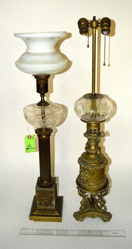 Vintage & Antique Brass & Glass Lamps: Two lamps: one Renaissance Revival on tripod base; the other column form with milk glass shade. Needs rewiring. Taller 35" high.