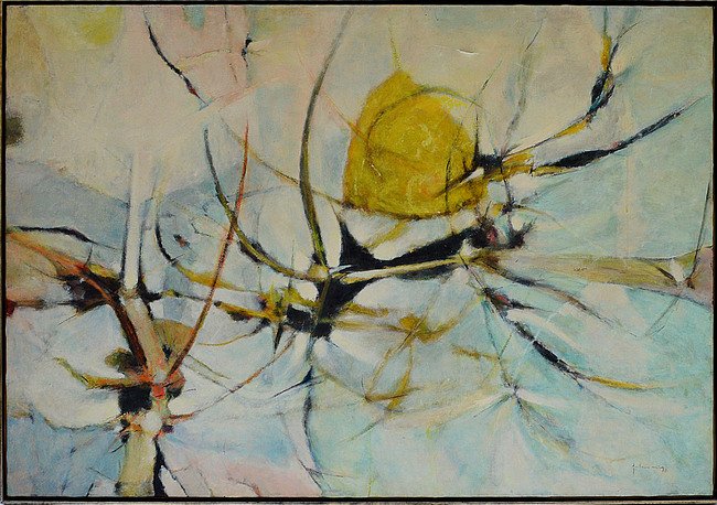 Guillermo Nunez Abstract: Chilean framed oil on canvas abstract. Signed lower right. 39" x 58 1/2".