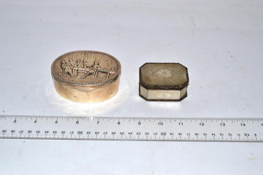 Georgian Silver Box & Other: The silver box of oral form and having repoussé figural decoration with a mother-of-pearl box having some condition issues. 4.065 ozt.
