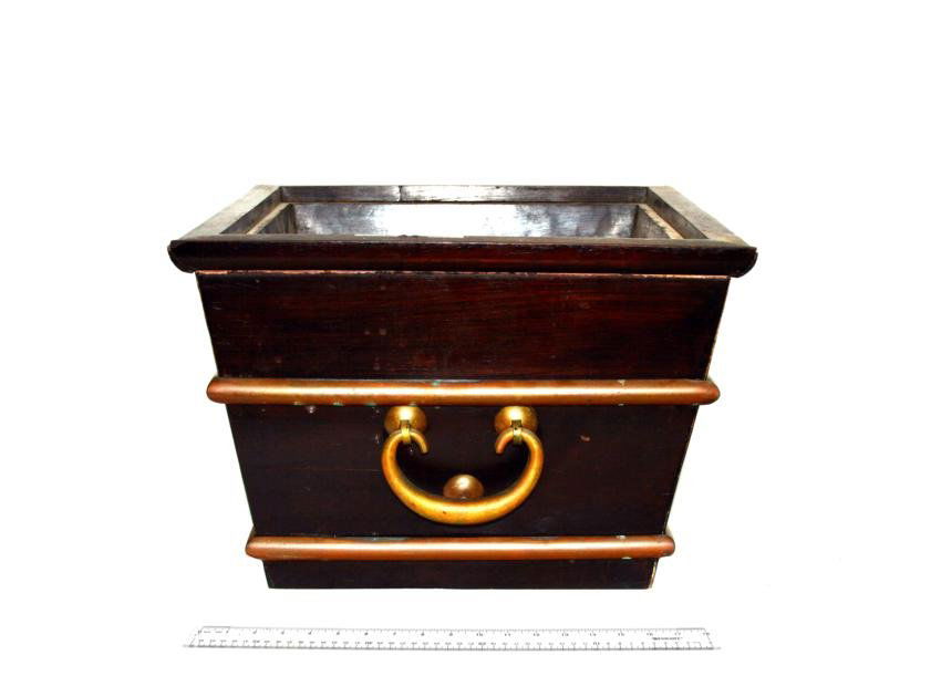 Asian Wood Cellarette: Mahogany cellarette with copper bands and bronze handles. No liner, otherwise in good condition. 15 1/4"SQ x 10 1/4"H.