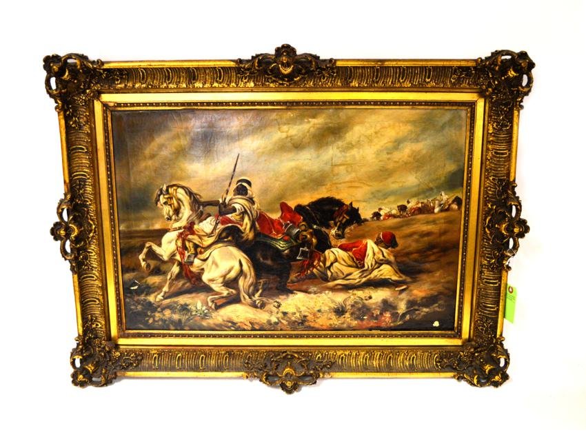 Oil on Canvas, Middle Eastern Equestrian Soldiers: Depicts riflemen on horseback with one rider on the ground. Signed bottom right illegibly. Staining, chipping, with paint loss, craquelure, and inpainting. Art: 19 1/2" x 29 1/2"; Frame: 29" x 39".